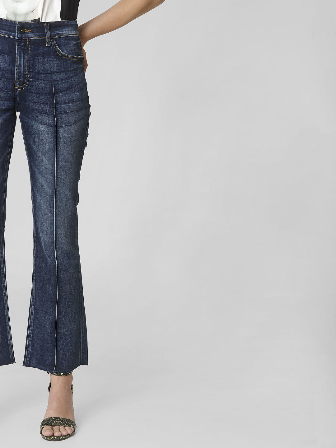 Blue Mid Rise Pin Tuck Boot Cut Jeans