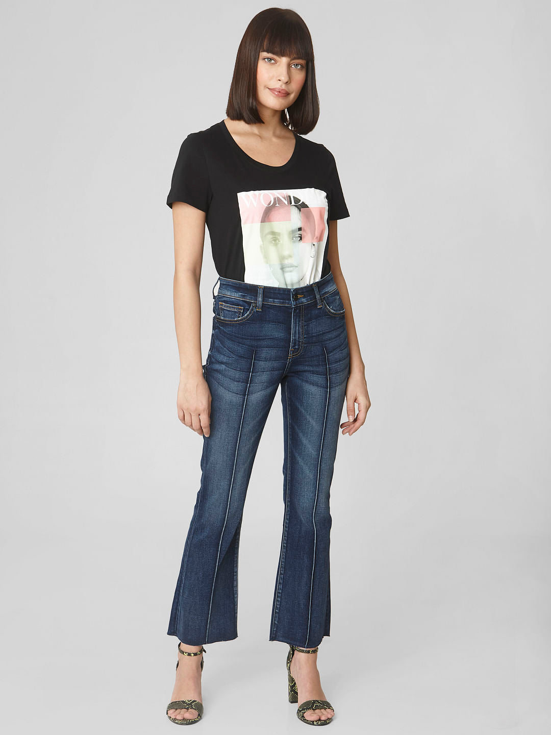 Blue Mid Rise Pin Tuck Boot Cut Jeans