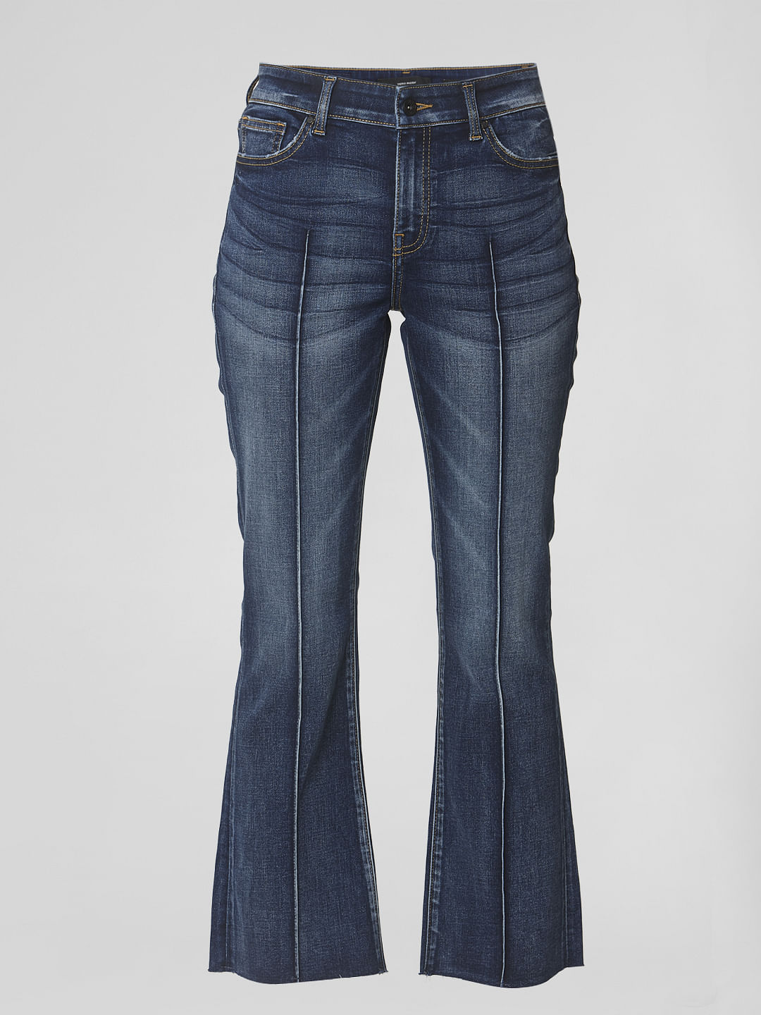 Blue Mid Rise Pin Tuck Boot Cut Jeans