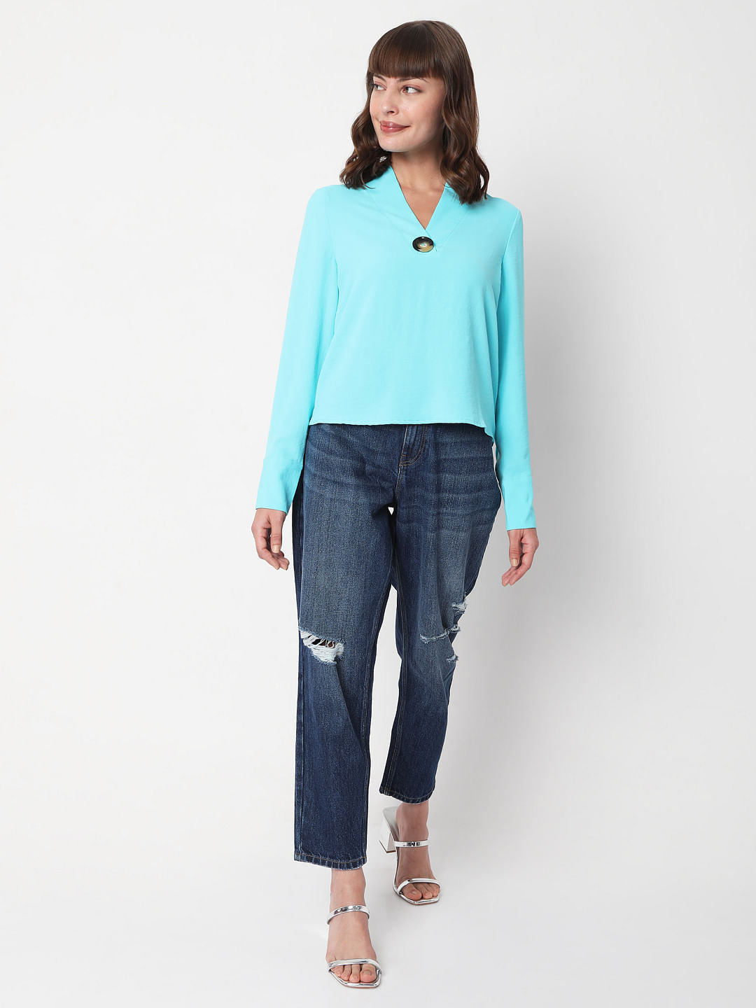 Blue V Neck Top