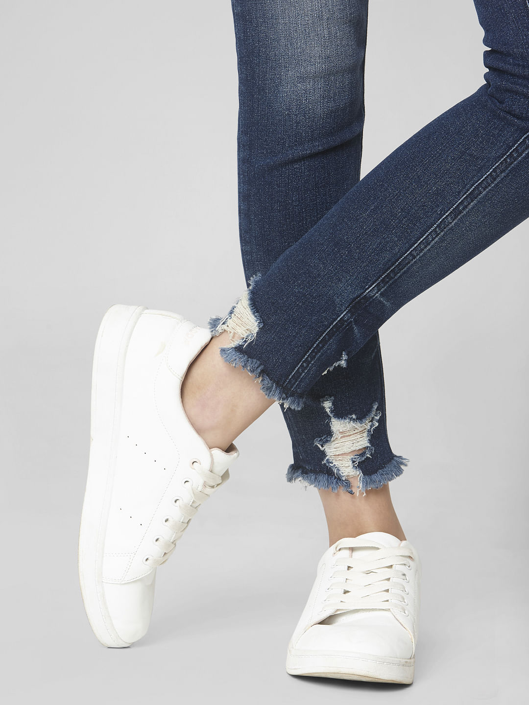 Blue Mid Rise Ripped Skinny Jeans
