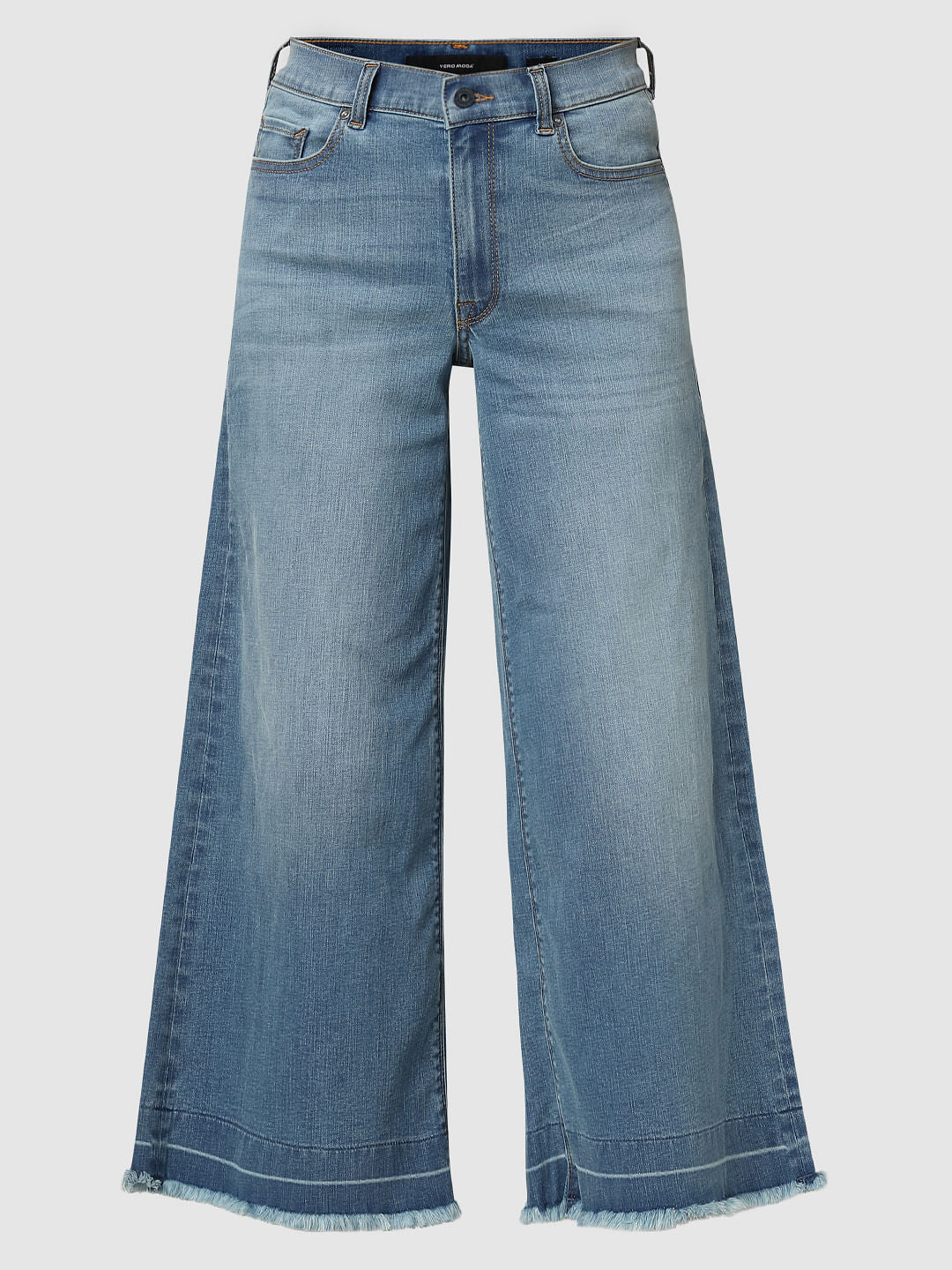 Blue Mid Rise Washed Wide Leg Jeans