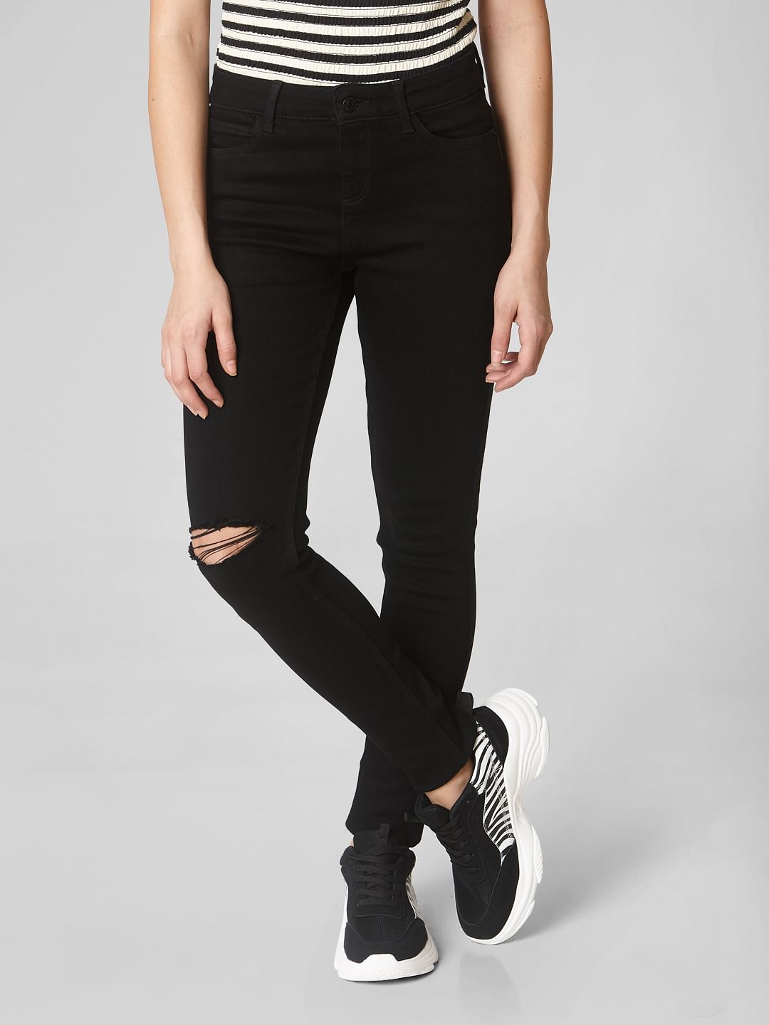 Black Mid Rise Knee Slit Skinny Fit Jeans