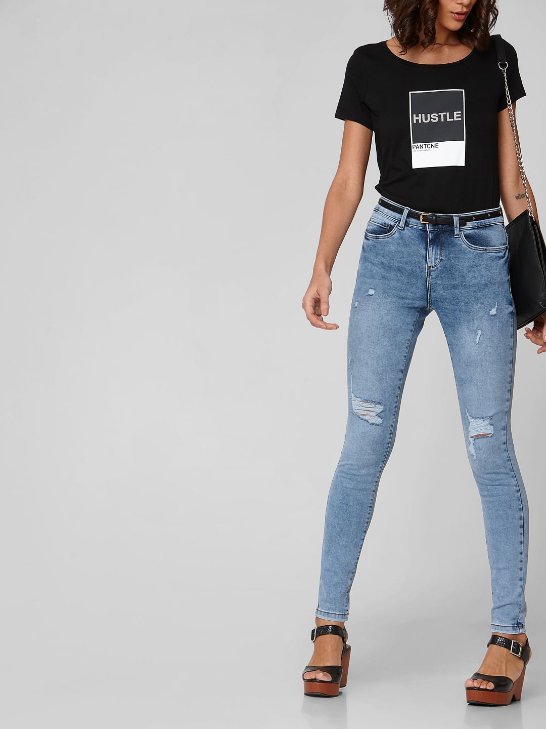 Blue Mid Rise Ripped Skinny Jeans