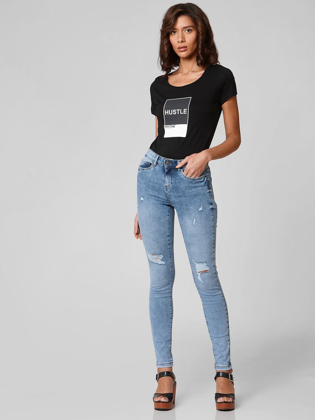 Blue Mid Rise Ripped Skinny Jeans