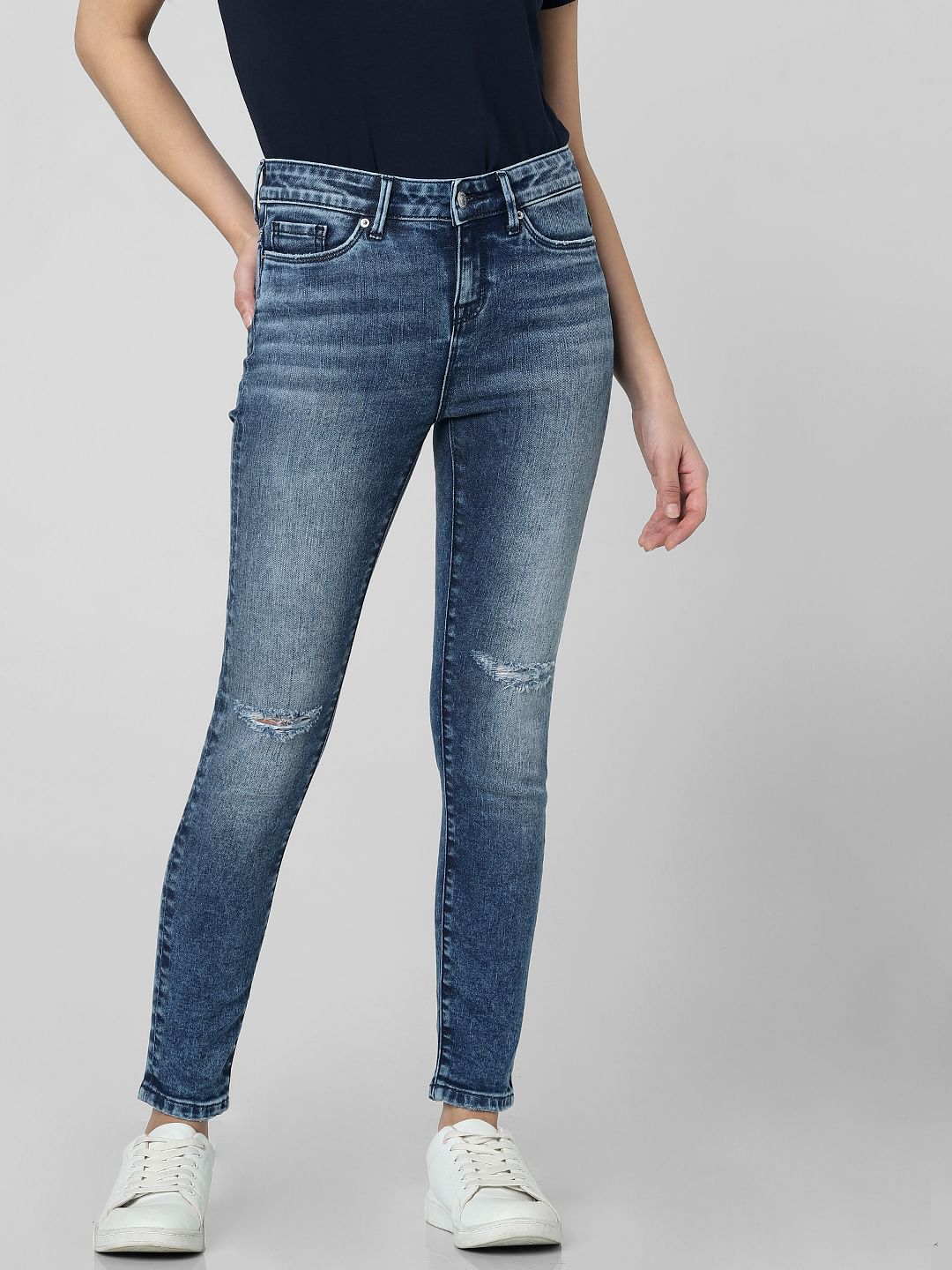 Blue Mid Rise Knee Ripped Skinny Fit Jeans
