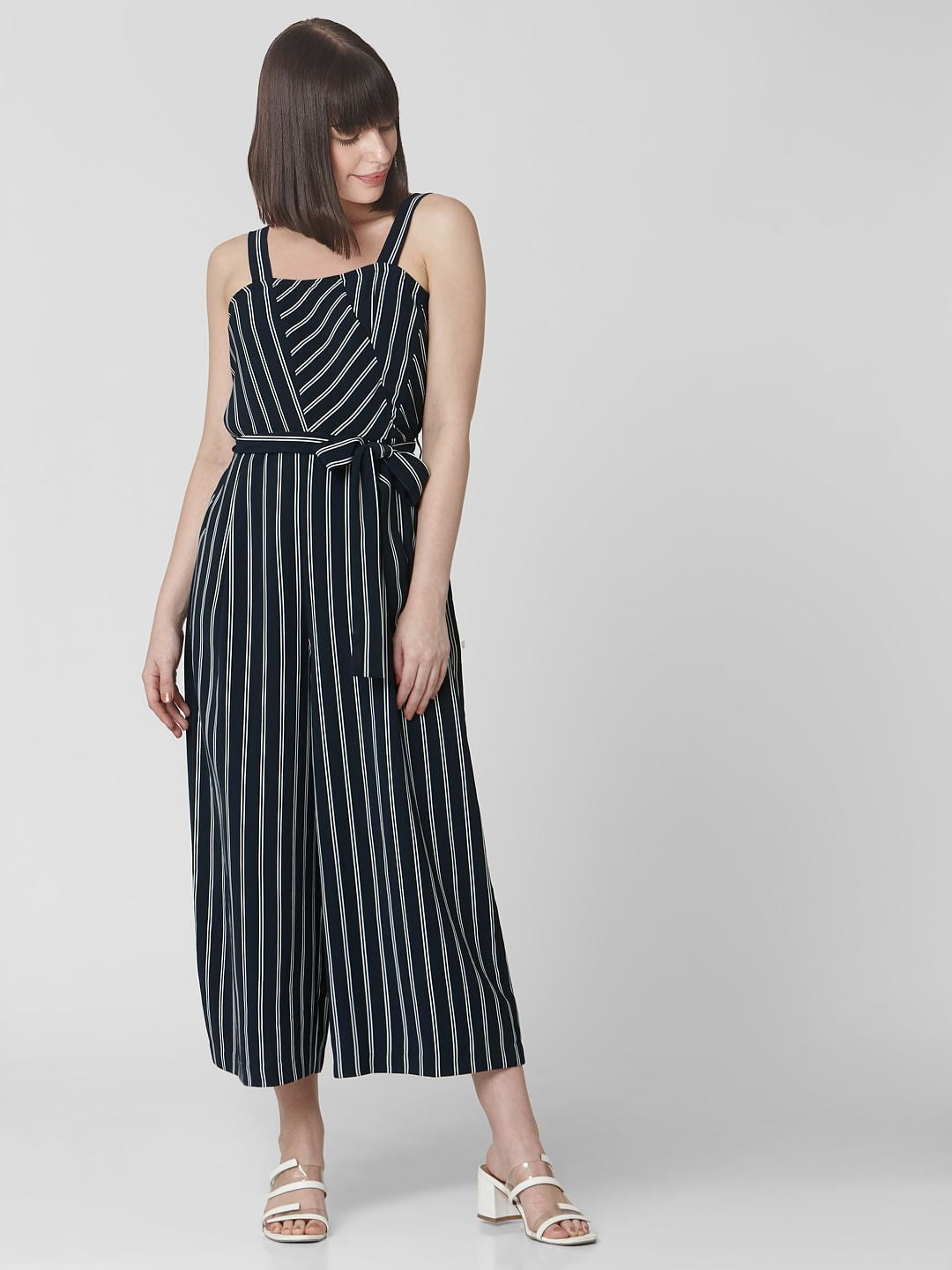 Navy Blue Striped Belted Jumpsuit