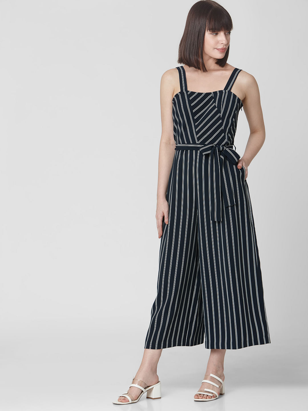 Navy Blue Striped Belted Jumpsuit
