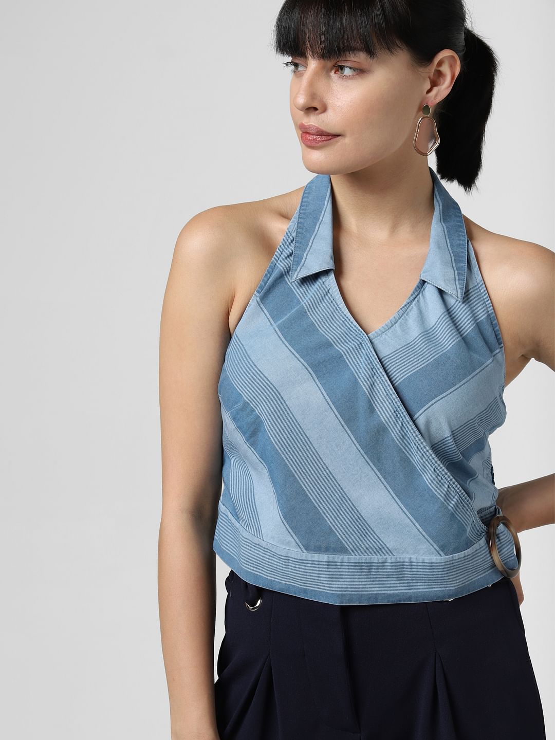 Blue Halter Neck Denim Top