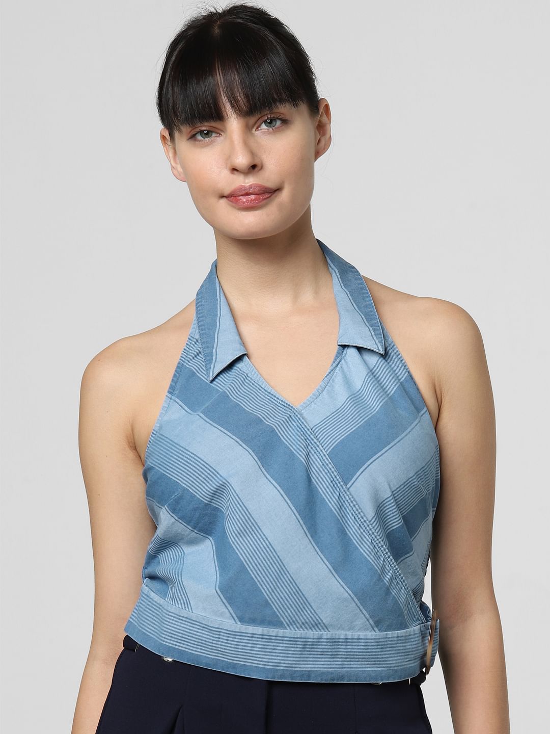 Blue Halter Neck Denim Top