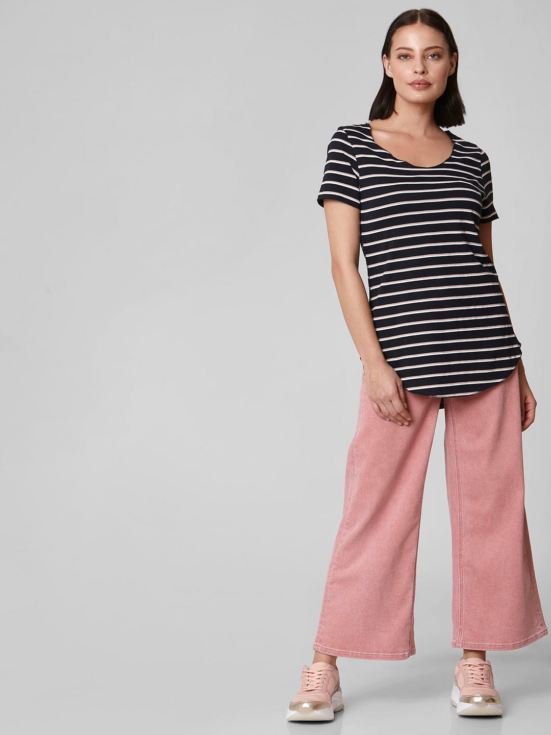 Blue Curved Hem Striped T-Shirt