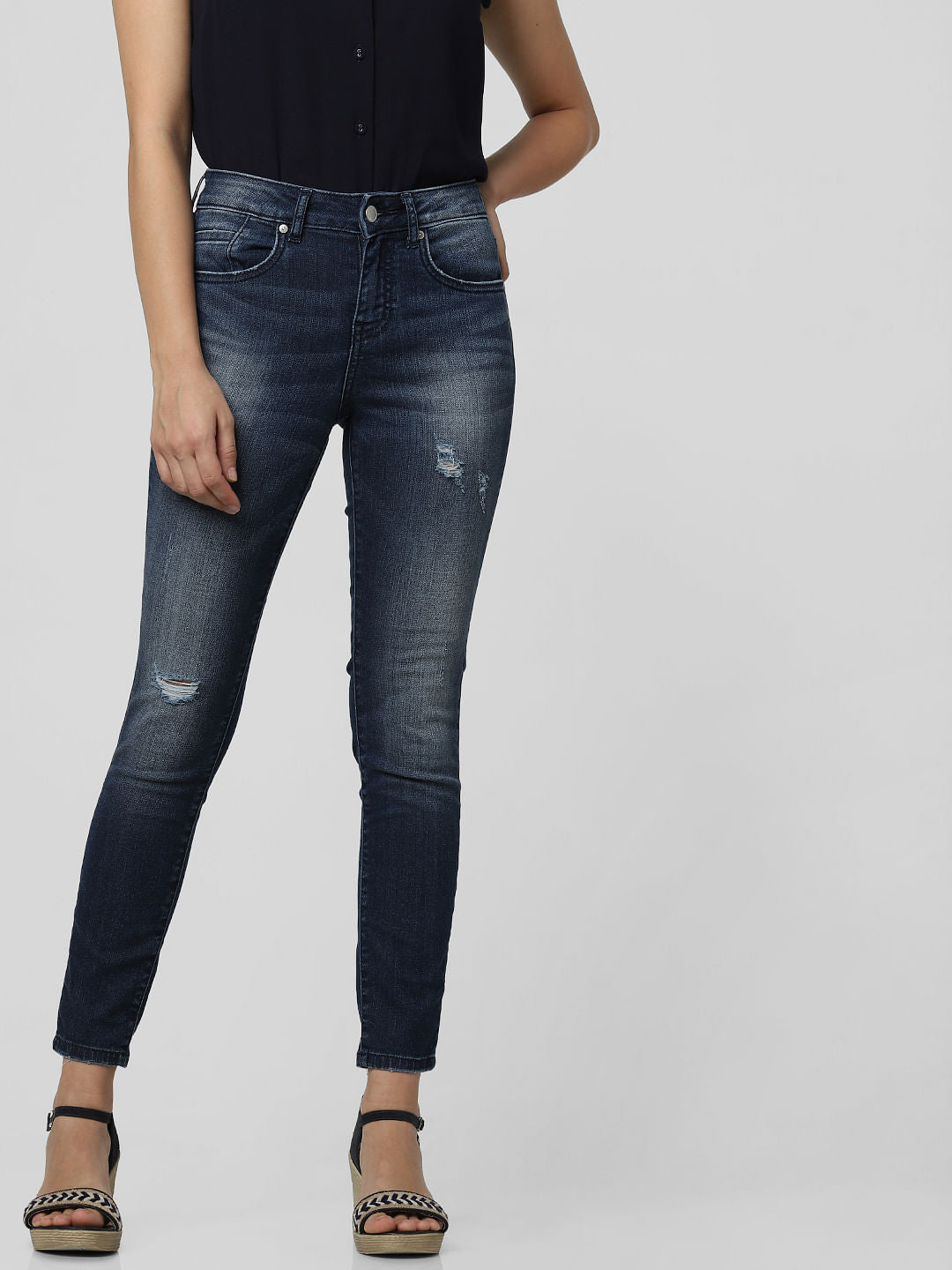 Blue Mid Rise Distressed Skinny Jeans