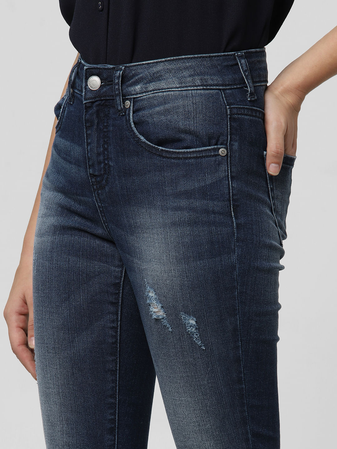 Blue Mid Rise Distressed Skinny Jeans