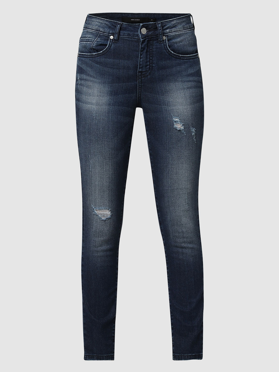 Blue Mid Rise Distressed Skinny Jeans