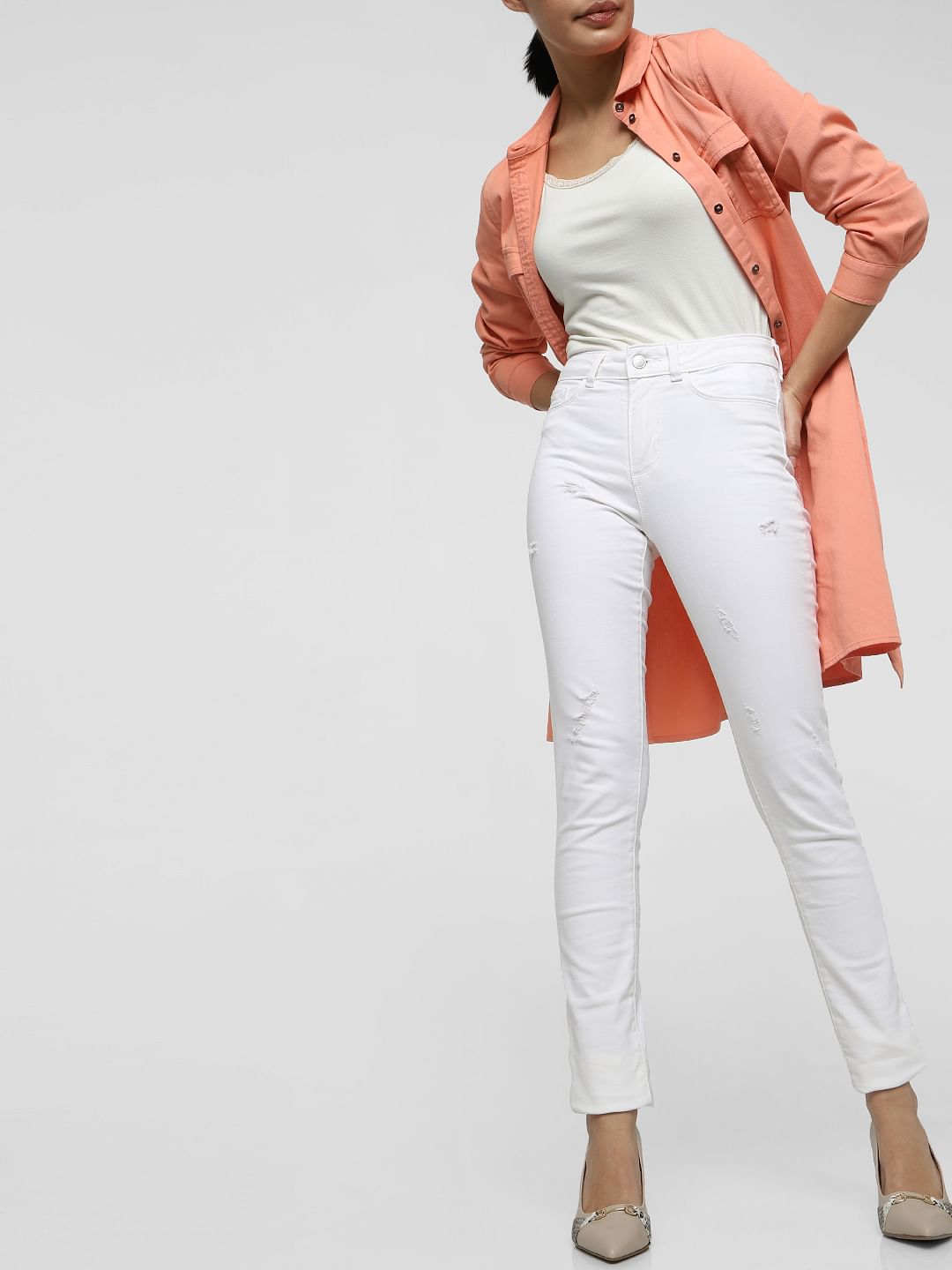 White Mid Rise Distressed Skinny Jeans