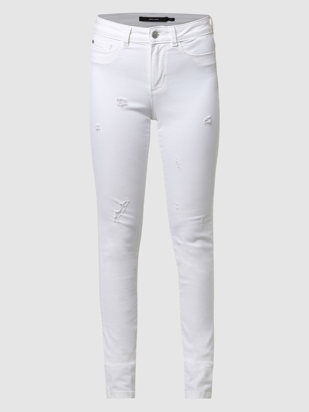 White Mid Rise Distressed Skinny Jeans