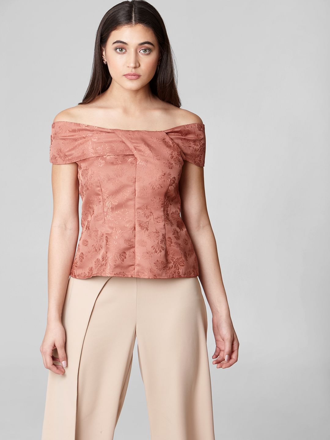 Brown Floral Print Off-Shoulder Top