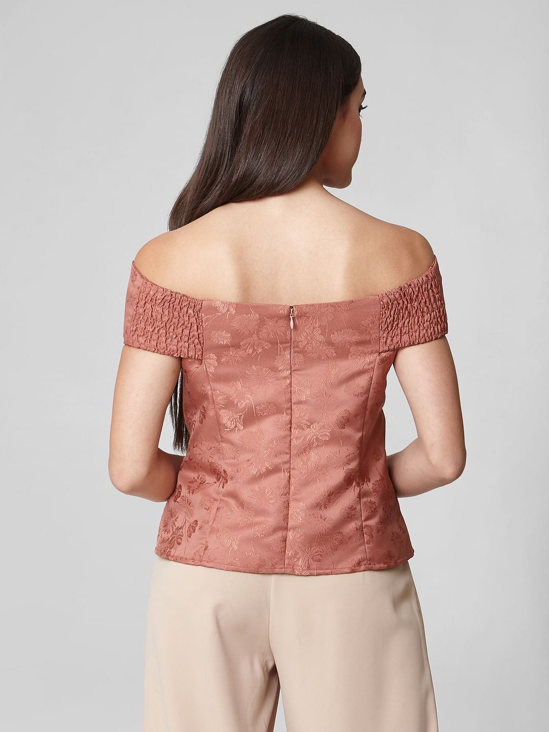 Brown Floral Print Off-Shoulder Top