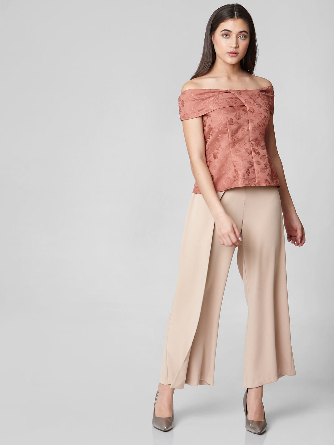 Brown Floral Print Off-Shoulder Top