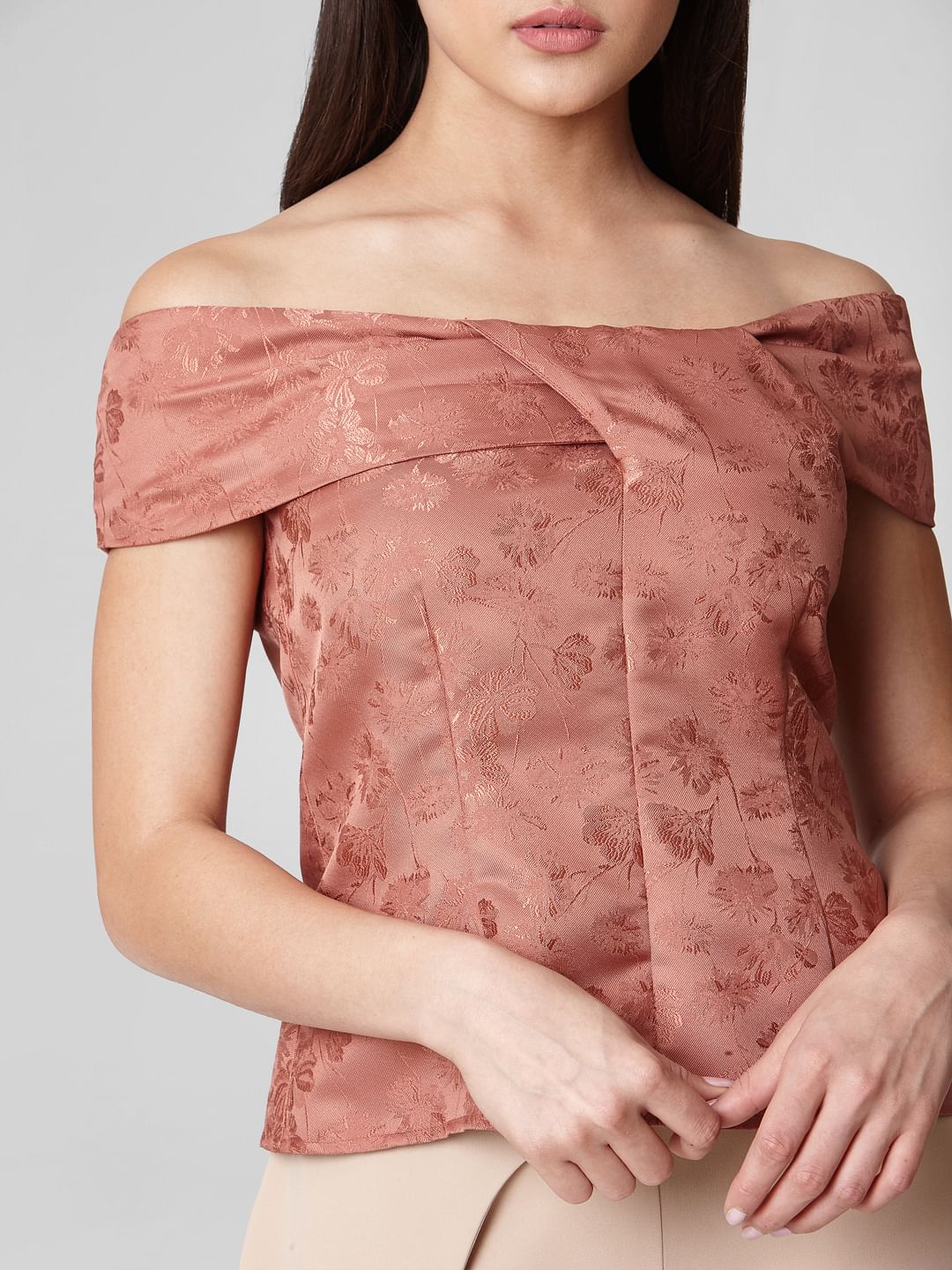 Brown Floral Print Off-Shoulder Top