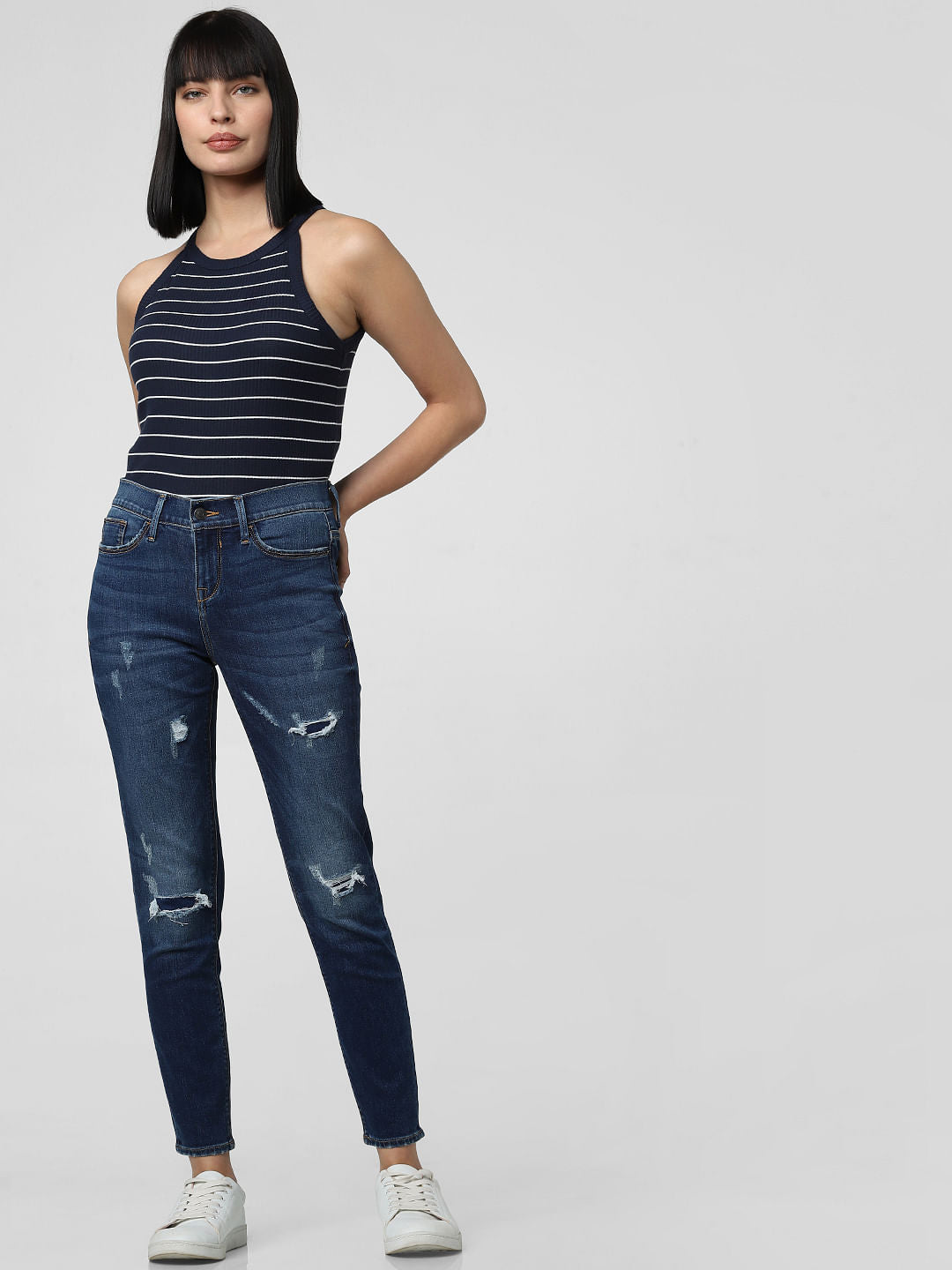 Blue Mid Rise Ripped Skinny Fit Jeans