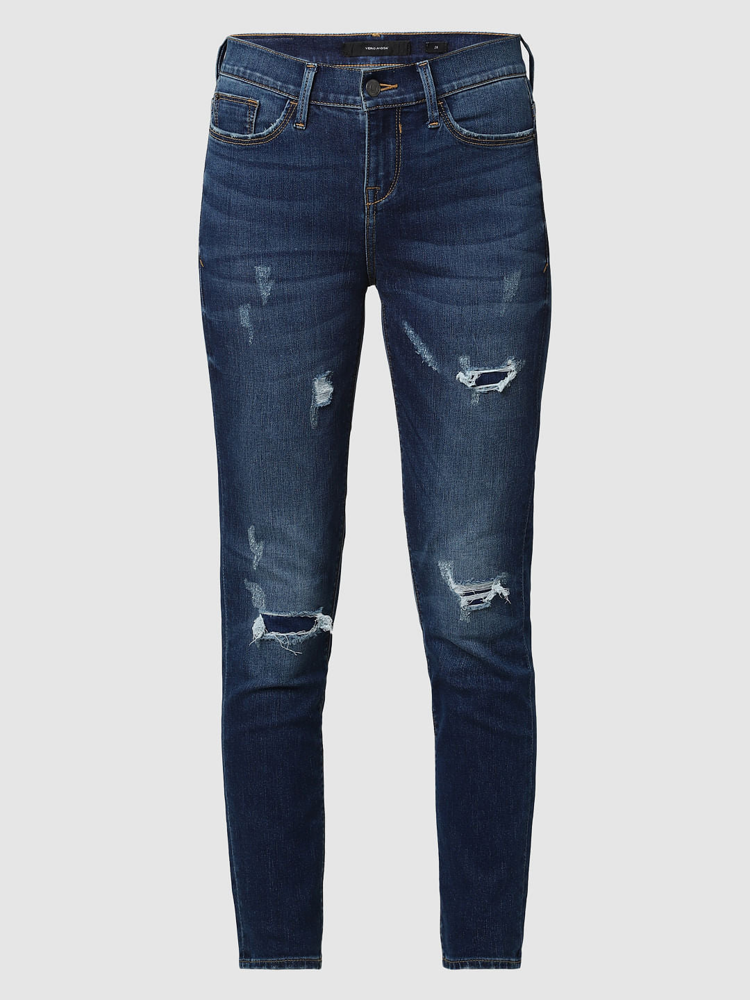 Blue Mid Rise Ripped Skinny Fit Jeans