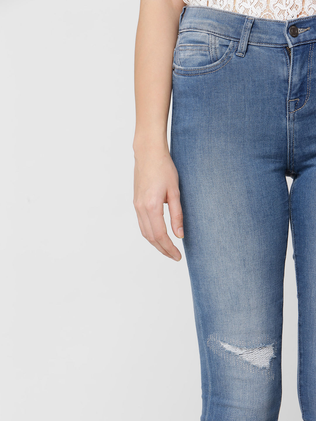 Blue Mid Rise Mildly Distressed Skinny Jeans