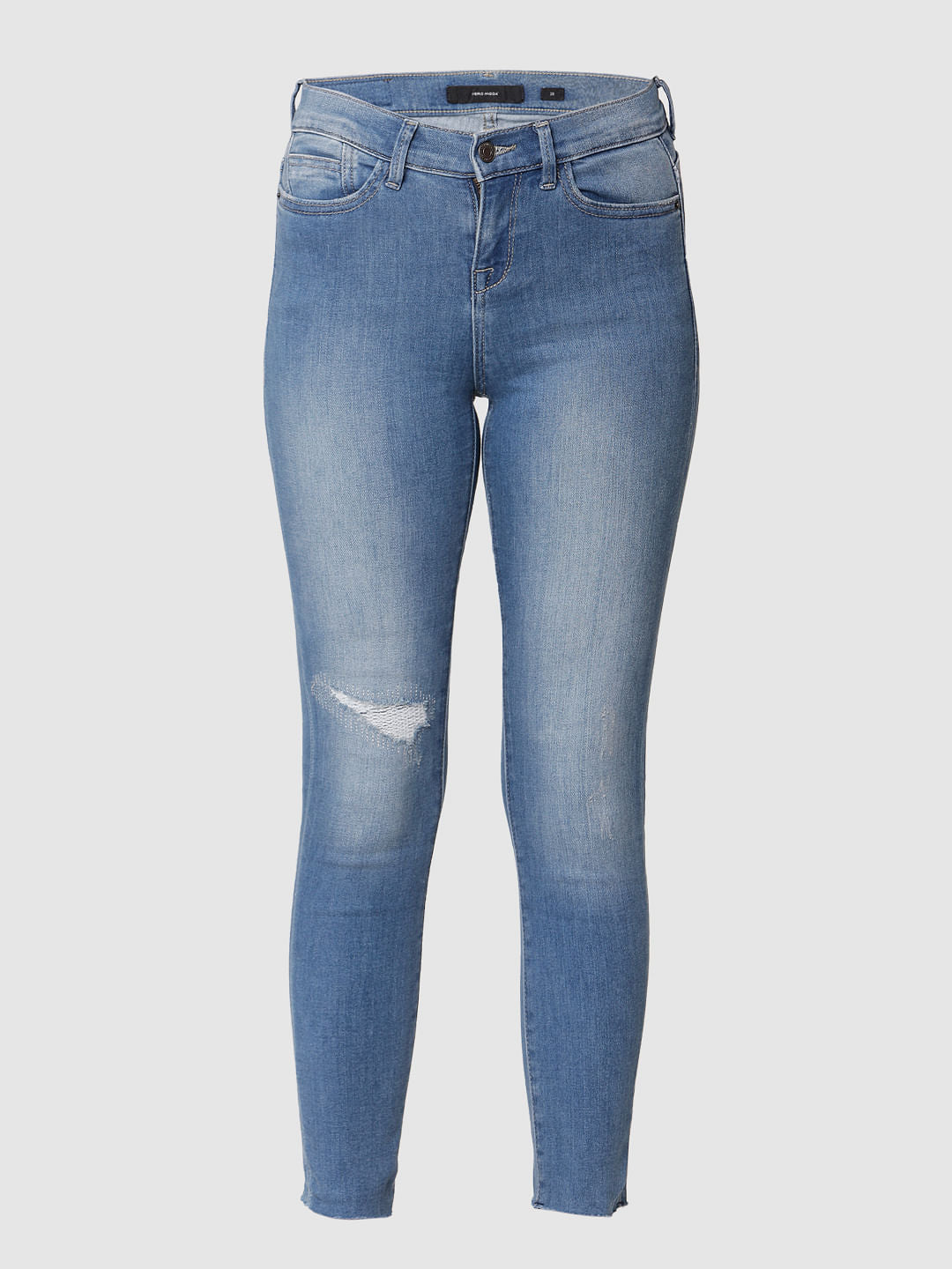 Blue Mid Rise Mildly Distressed Skinny Jeans