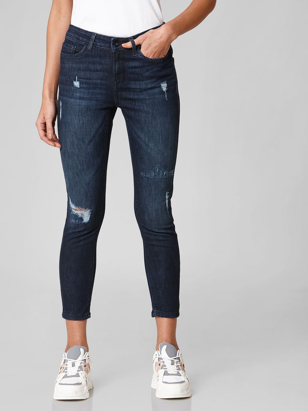 Blue Mid Rise Distressed Skinny Jeans