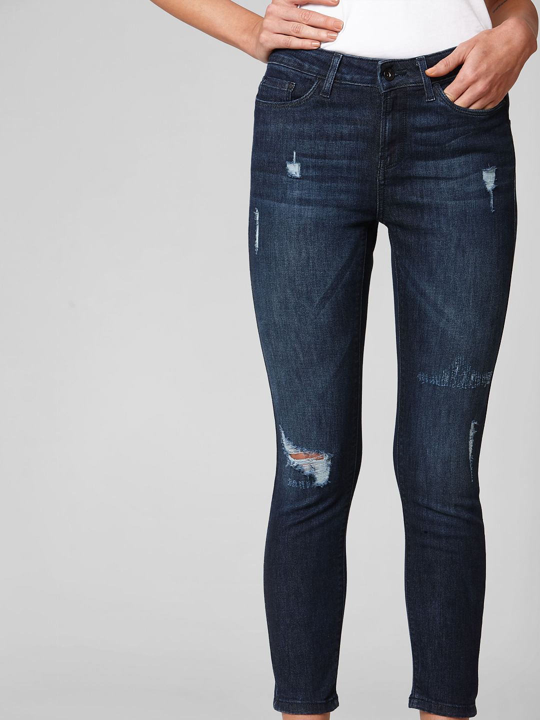 Blue Mid Rise Distressed Skinny Jeans
