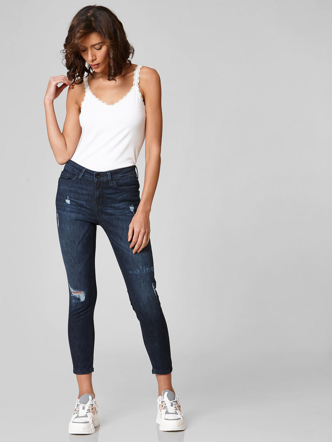 Blue Mid Rise Distressed Skinny Jeans