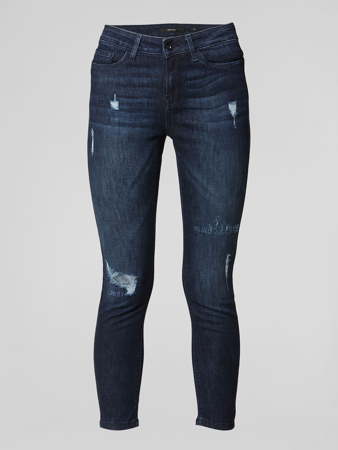 Blue Mid Rise Distressed Skinny Jeans
