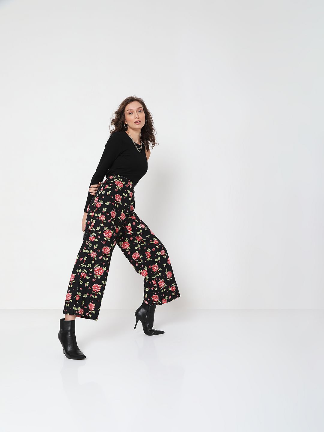 Black High Rise Floral Print Pants