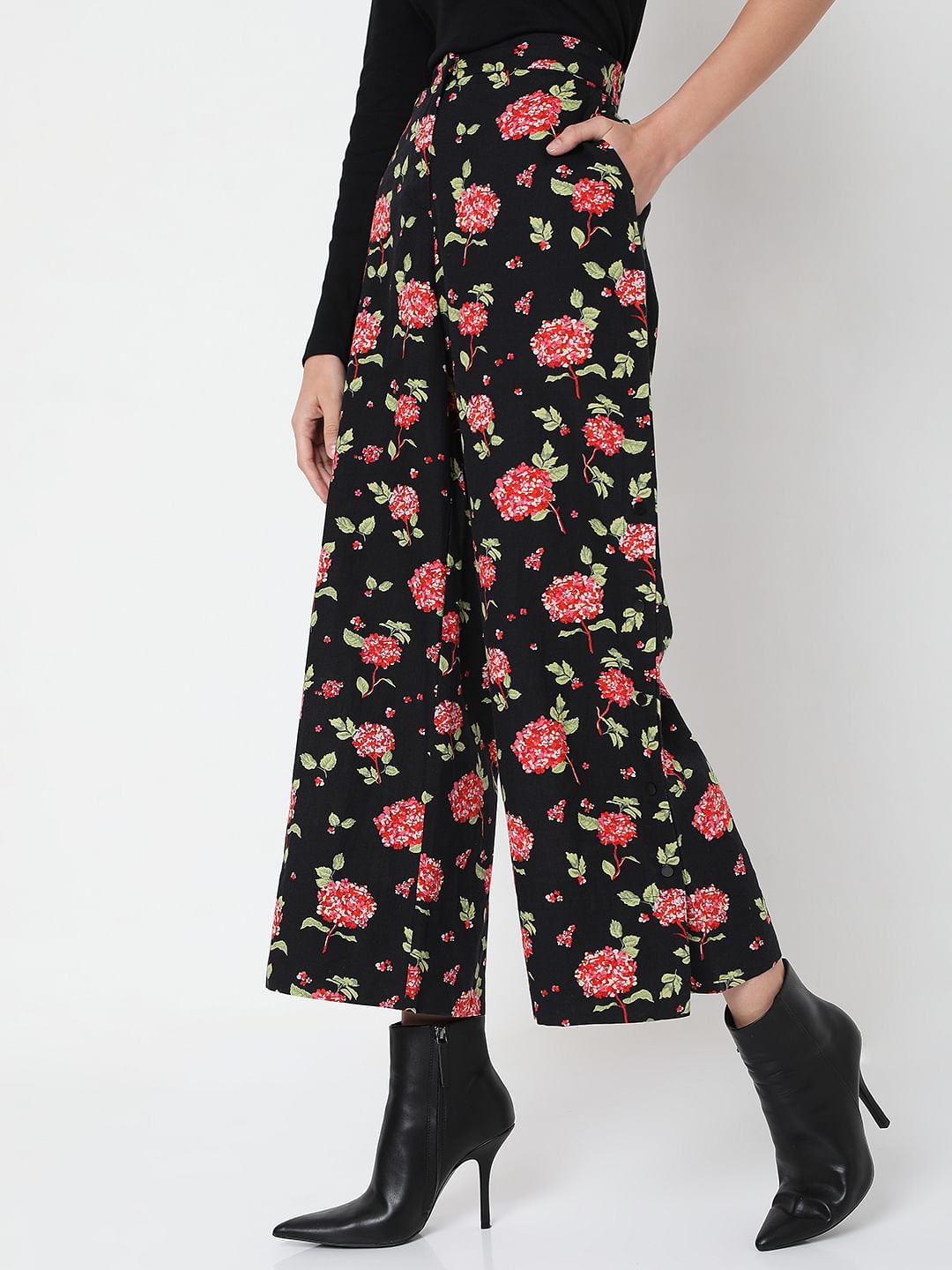 Black High Rise Floral Print Pants