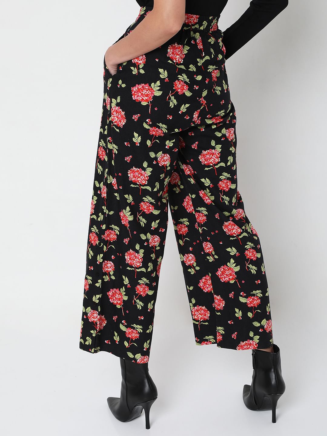 Black High Rise Floral Print Pants