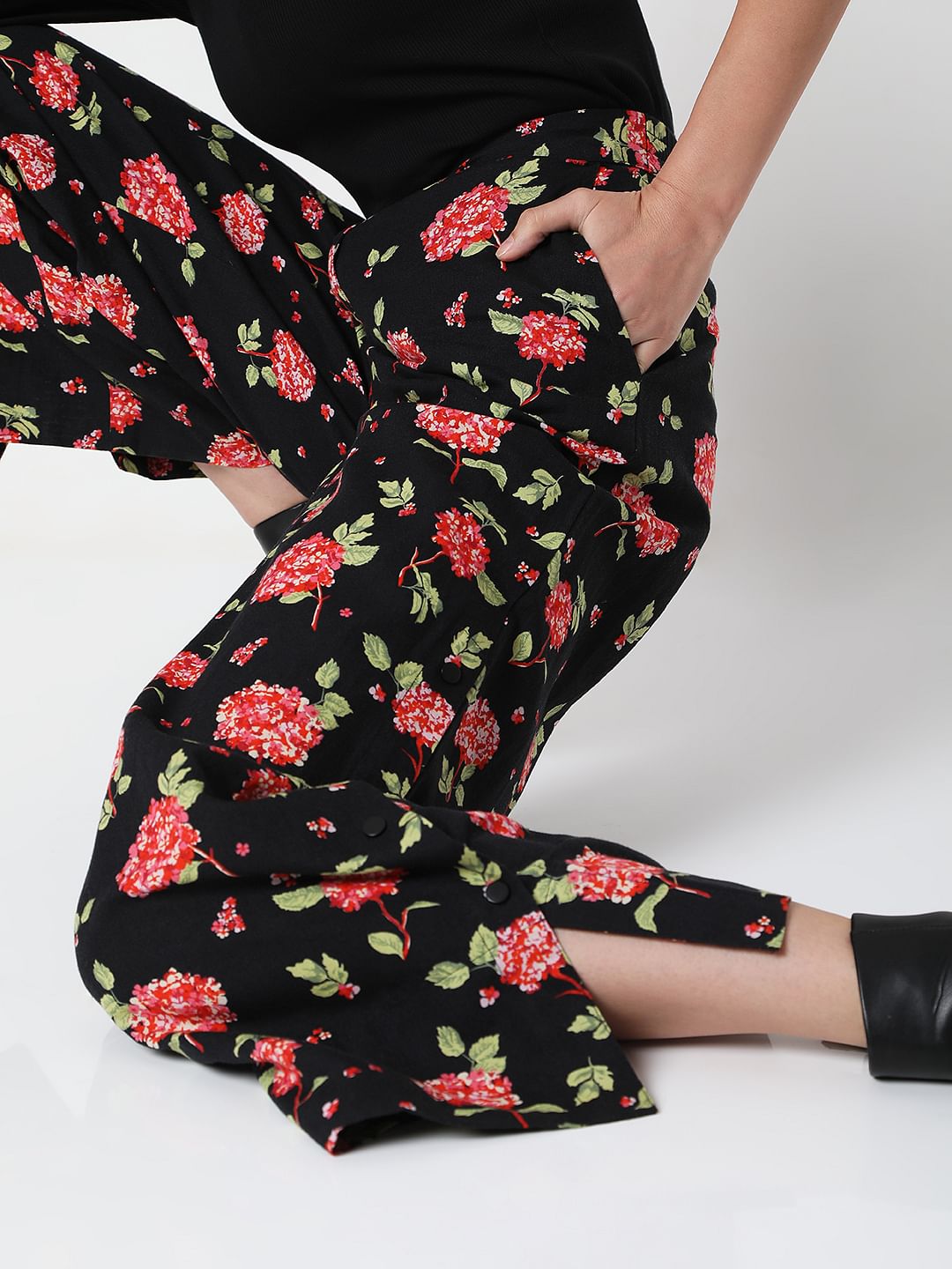 Black High Rise Floral Print Pants
