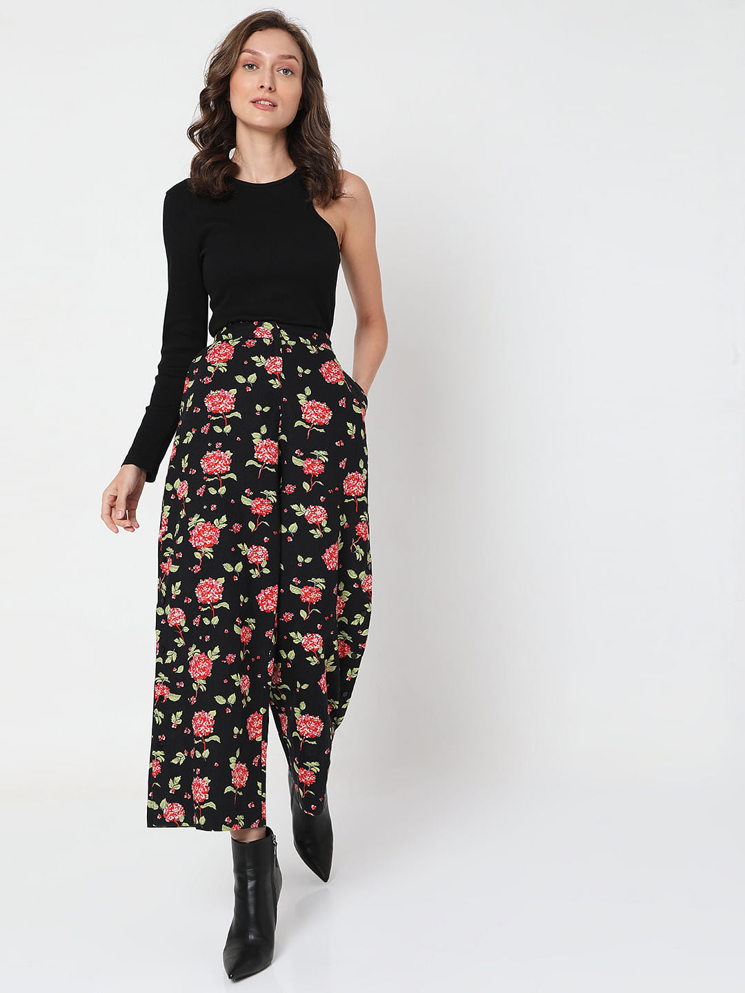 Black High Rise Floral Print Pants