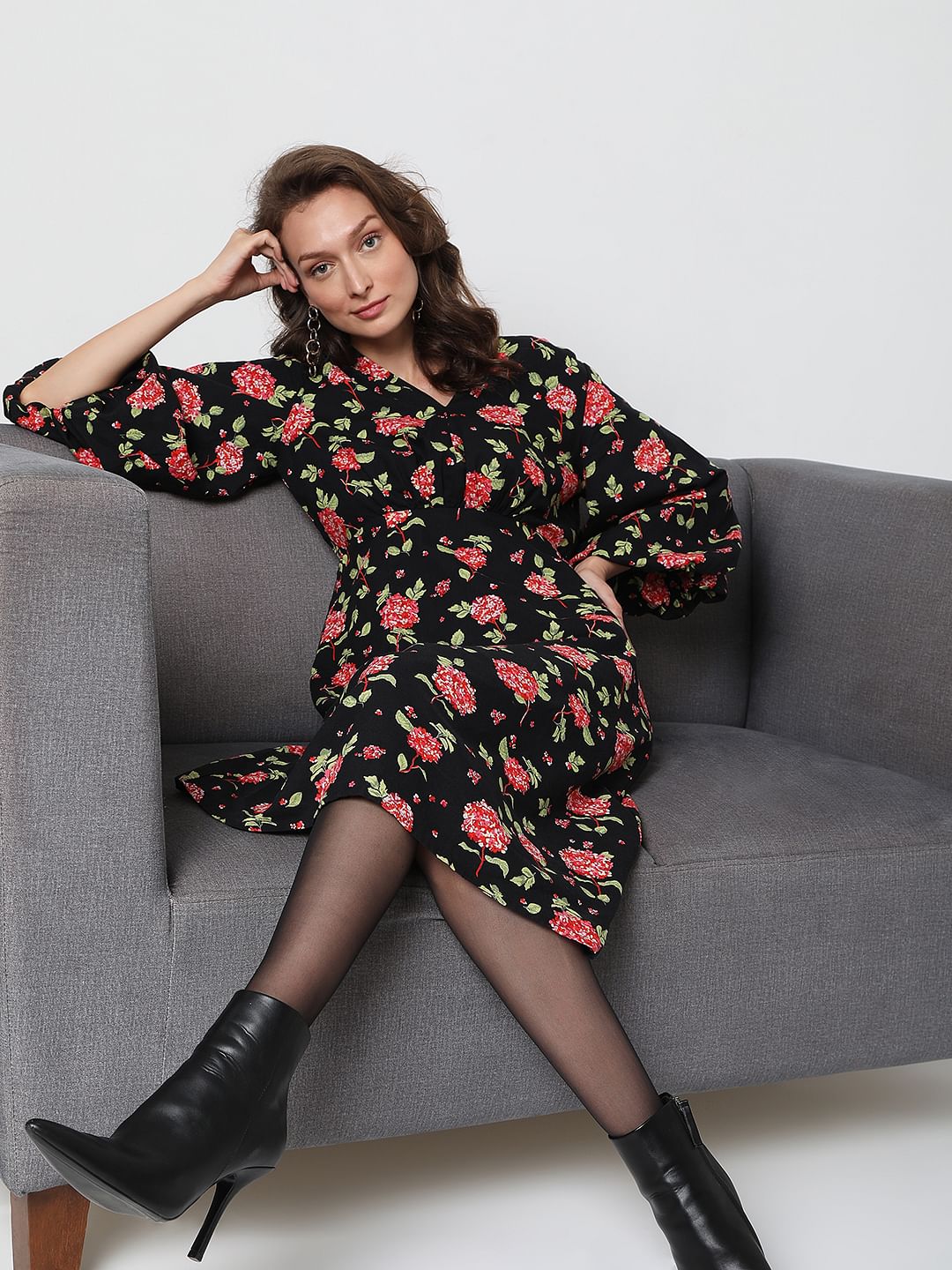 Black Floral Print Midi Dress