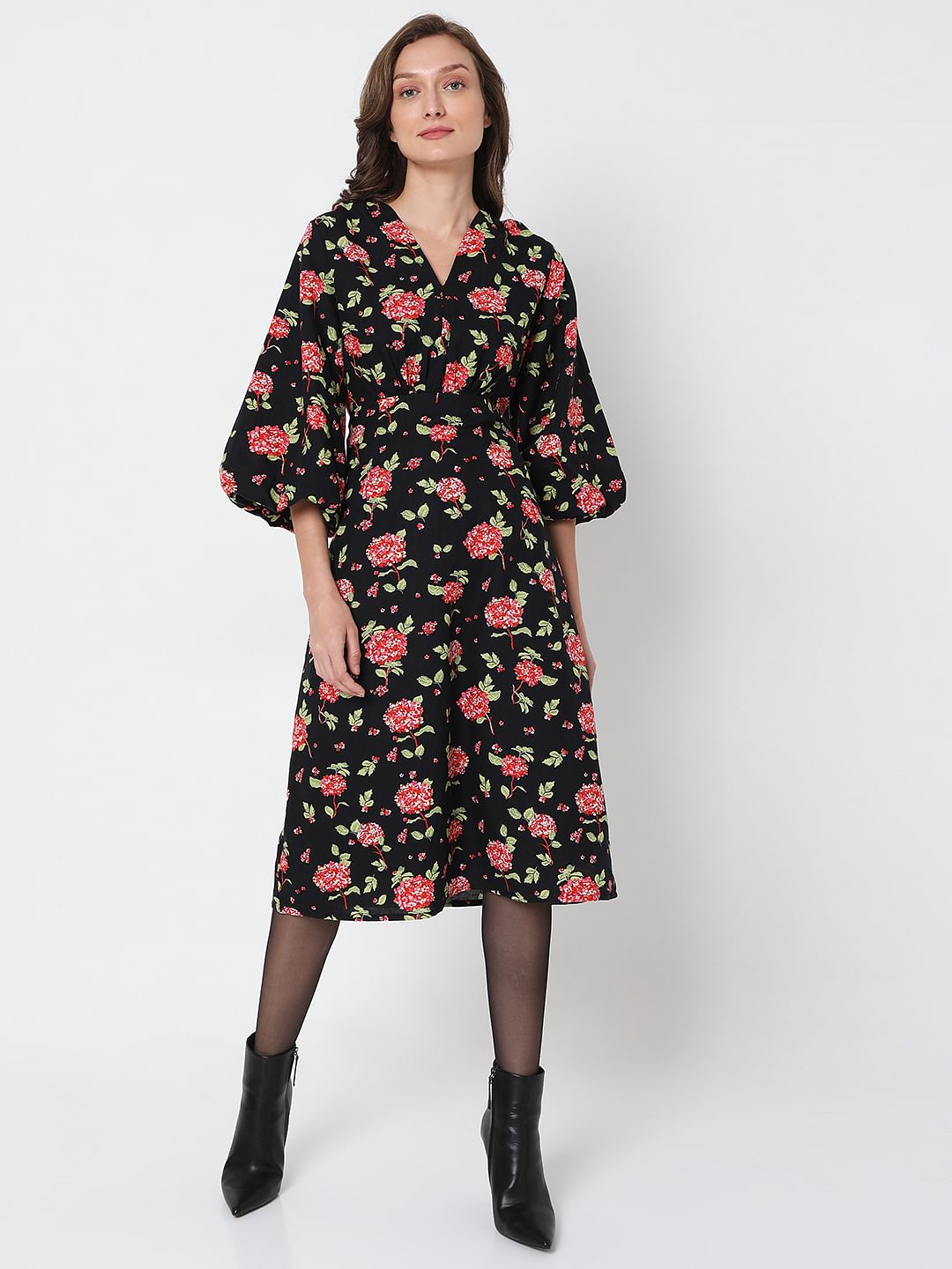 Black Floral Print Midi Dress