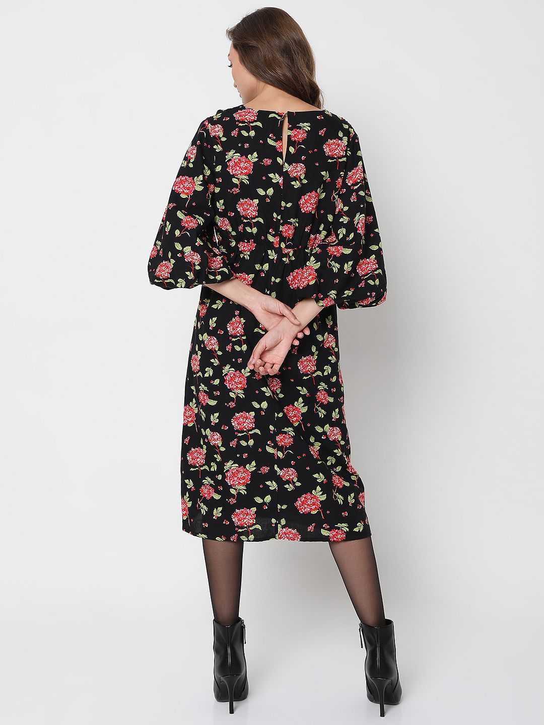 Black Floral Print Midi Dress