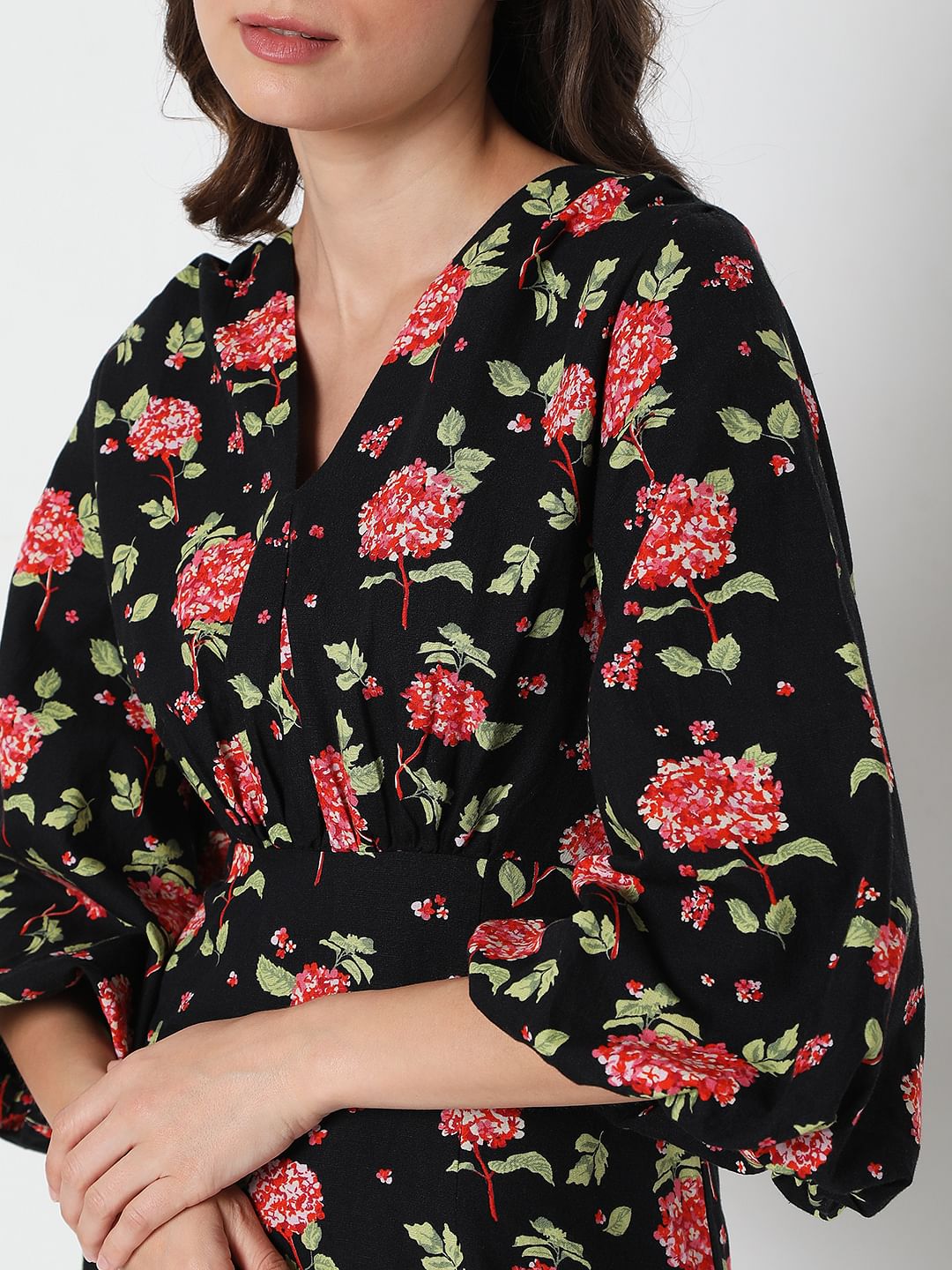 Black Floral Print Midi Dress