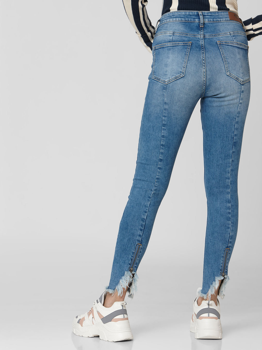 Blue Mid Rise Frayed Hem Skinny Fit Jeans
