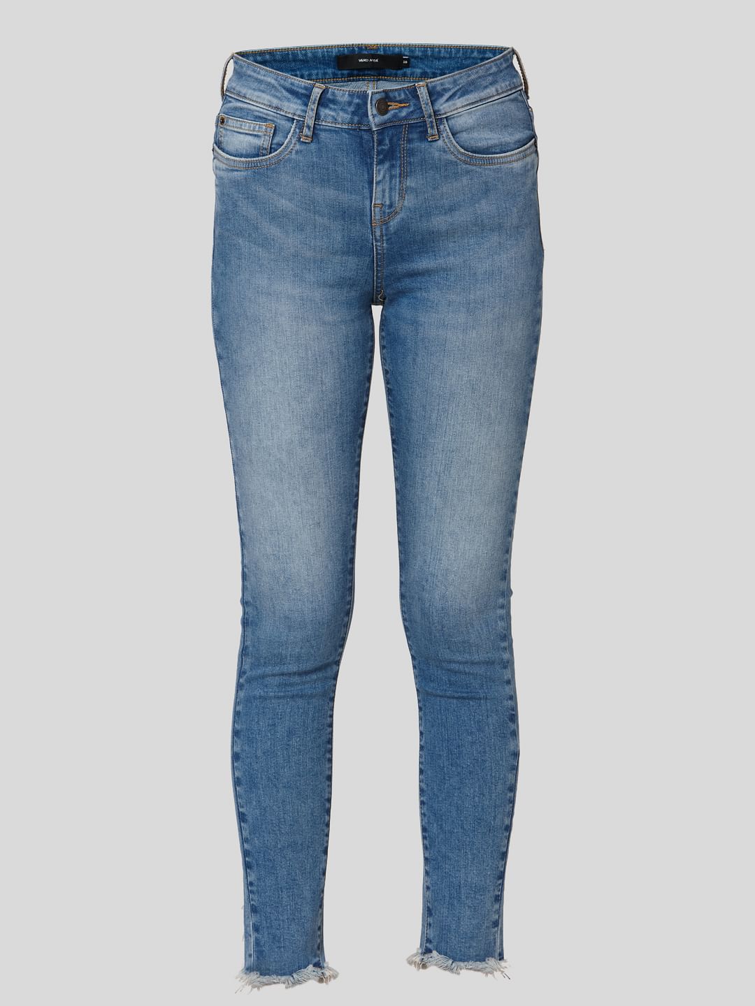 Blue Mid Rise Frayed Hem Skinny Fit Jeans
