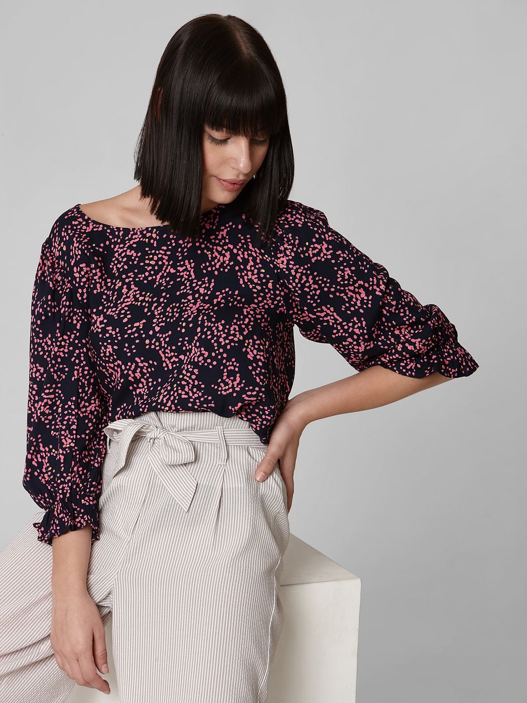 Navy Blue Abstract Print Top