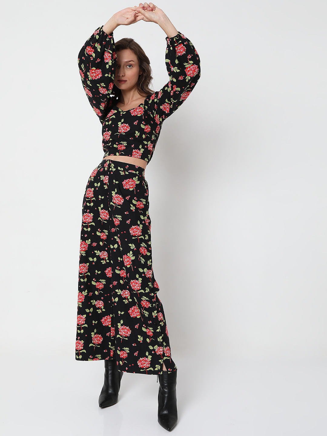 Black Floral Print Co-Ord Top