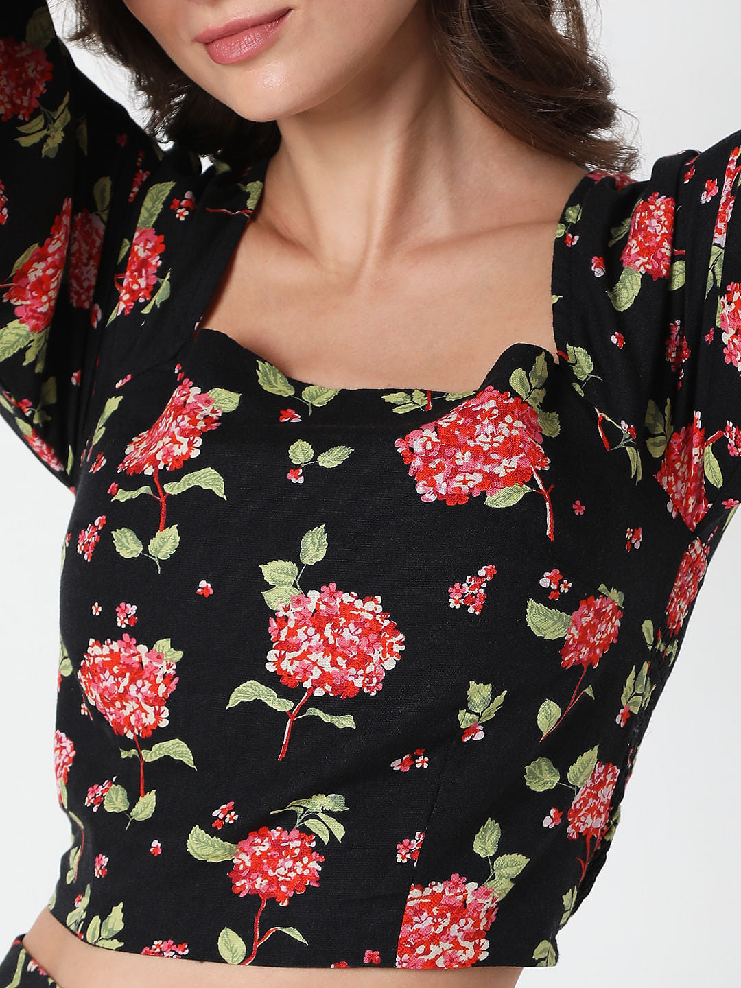 Black Floral Print Co-Ord Top