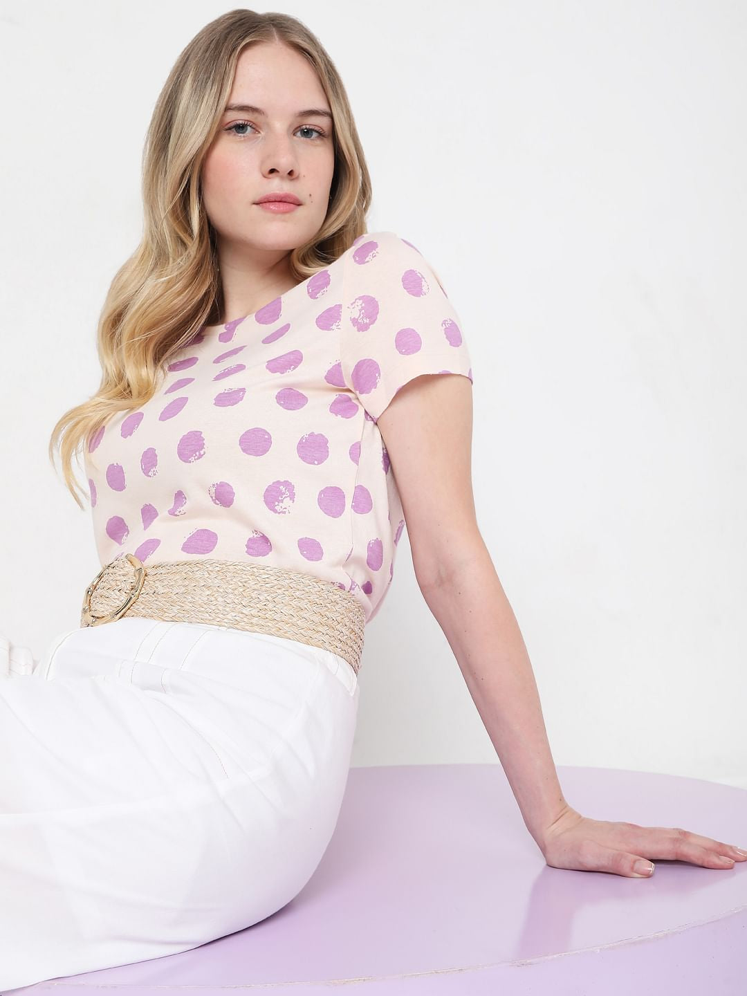 Beige & Purple Dotted T-Shirt
