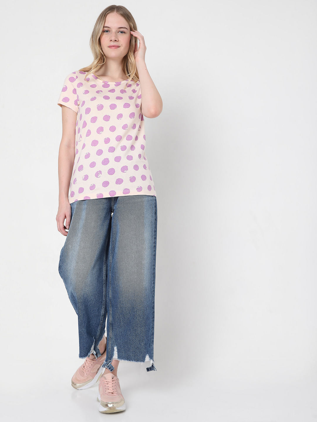 Beige & Purple Dotted T-Shirt