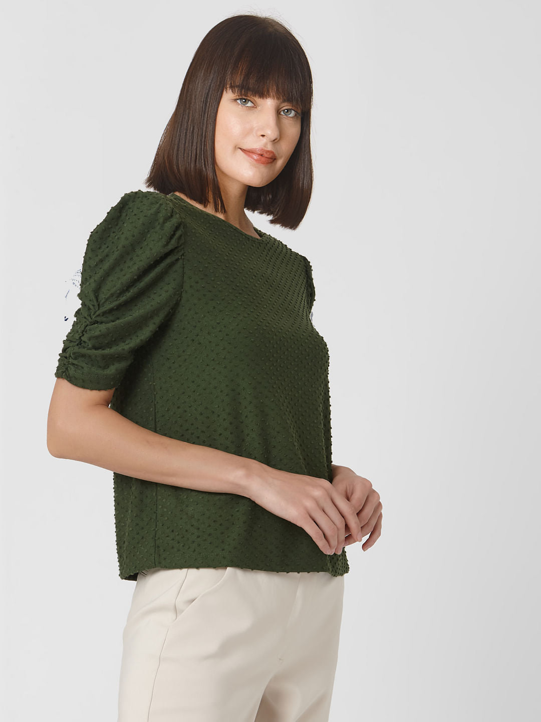 Dark Green Textured Polka Dot Top