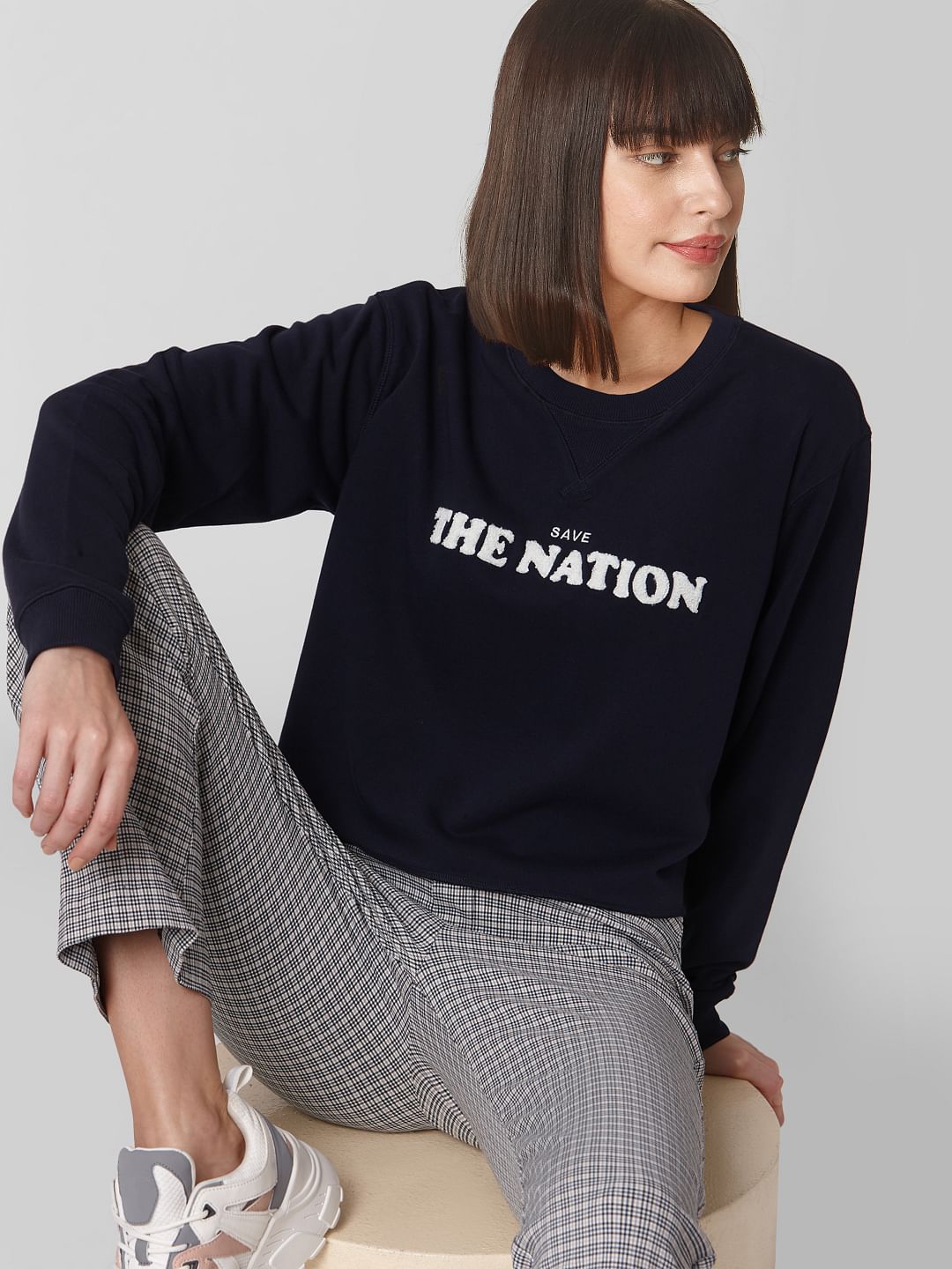 Blue Text Print Cropped Sweatshirt